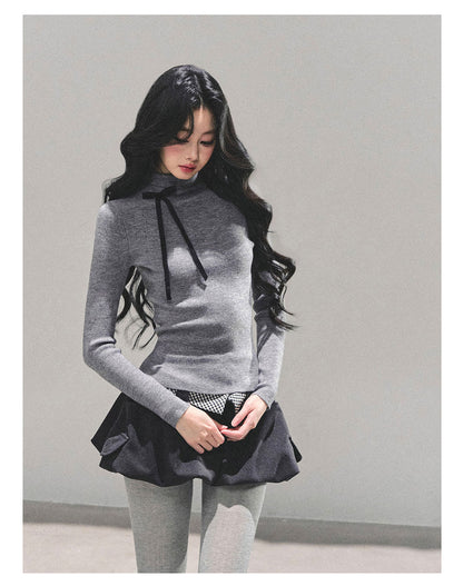 少也眼 “Velvet Touch” Semi-Turtleneck Long Sleeve Knit Top - Gray 586255478