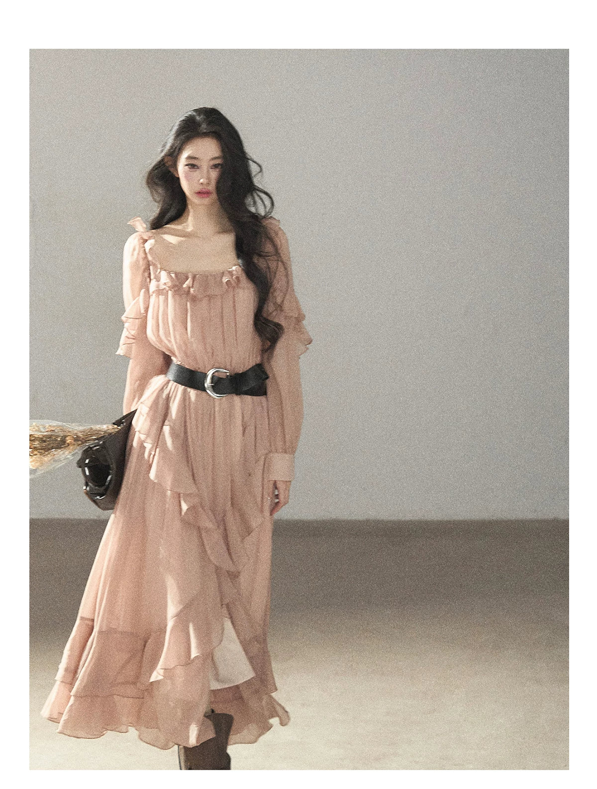 AOMALM - "Waiting for Sunset" Soft Pink French Ruffle Maxi Dress with Belt