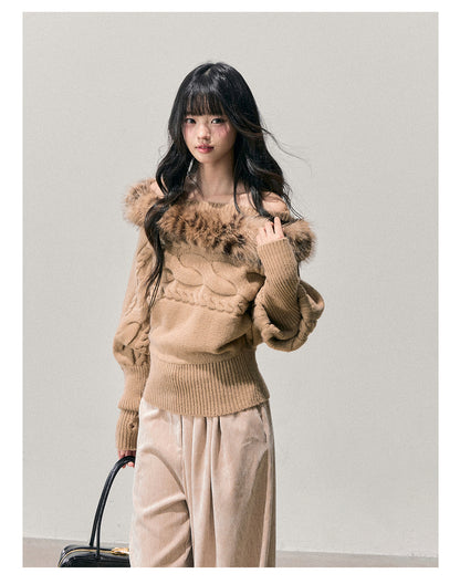 少也眼 “Tea-Scented Dusk” Off-Shoulder Mohair Sweater with Detachable Fur Trim 168459846