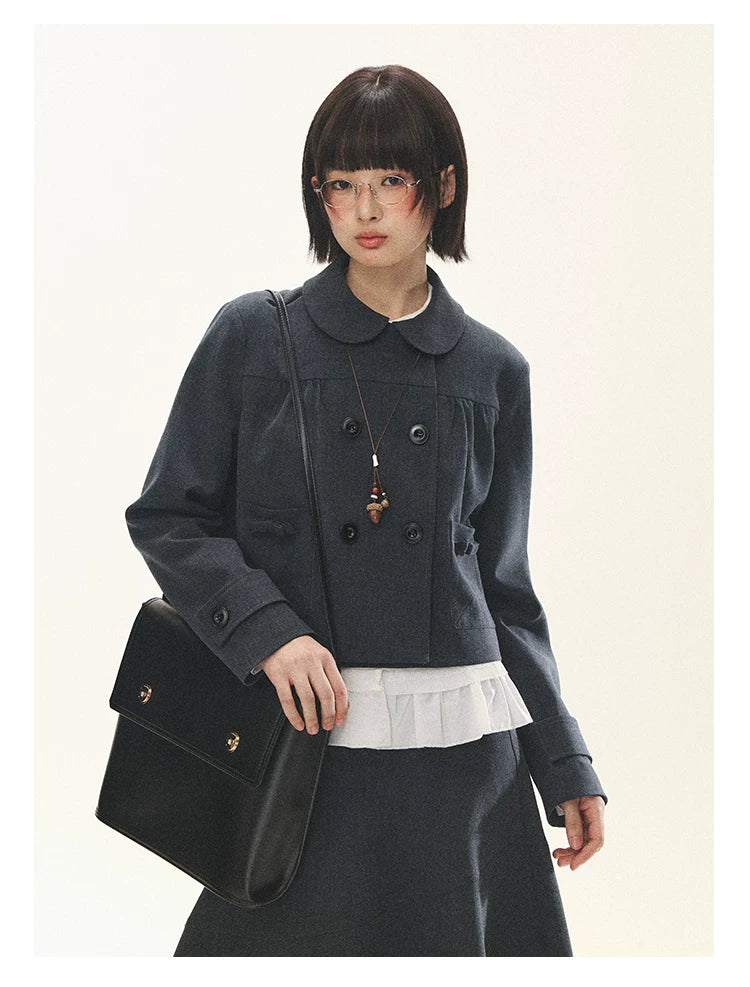 "First Day of Spring" Charcoal Gray Bow Blazer & Asymmetrical Skirt Set