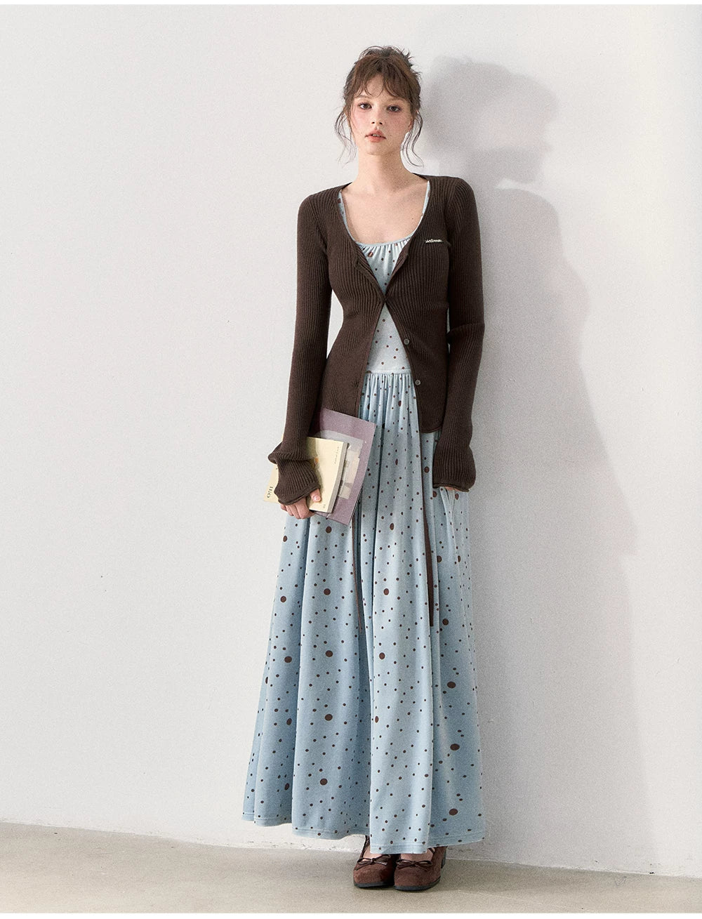 [TMMG] Vintage Polka Dot Velvet Dress & Fitted Ribbed Cardigan Set