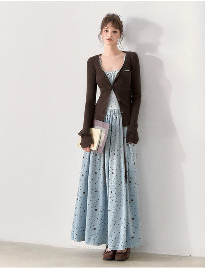 [TMMG] Vintage Polka Dot Velvet Dress & Fitted Ribbed Cardigan Set