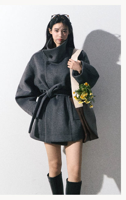 OAKMOO/ "The Breath of Time" Classic Gray Wool-Blend Belted Short Coat