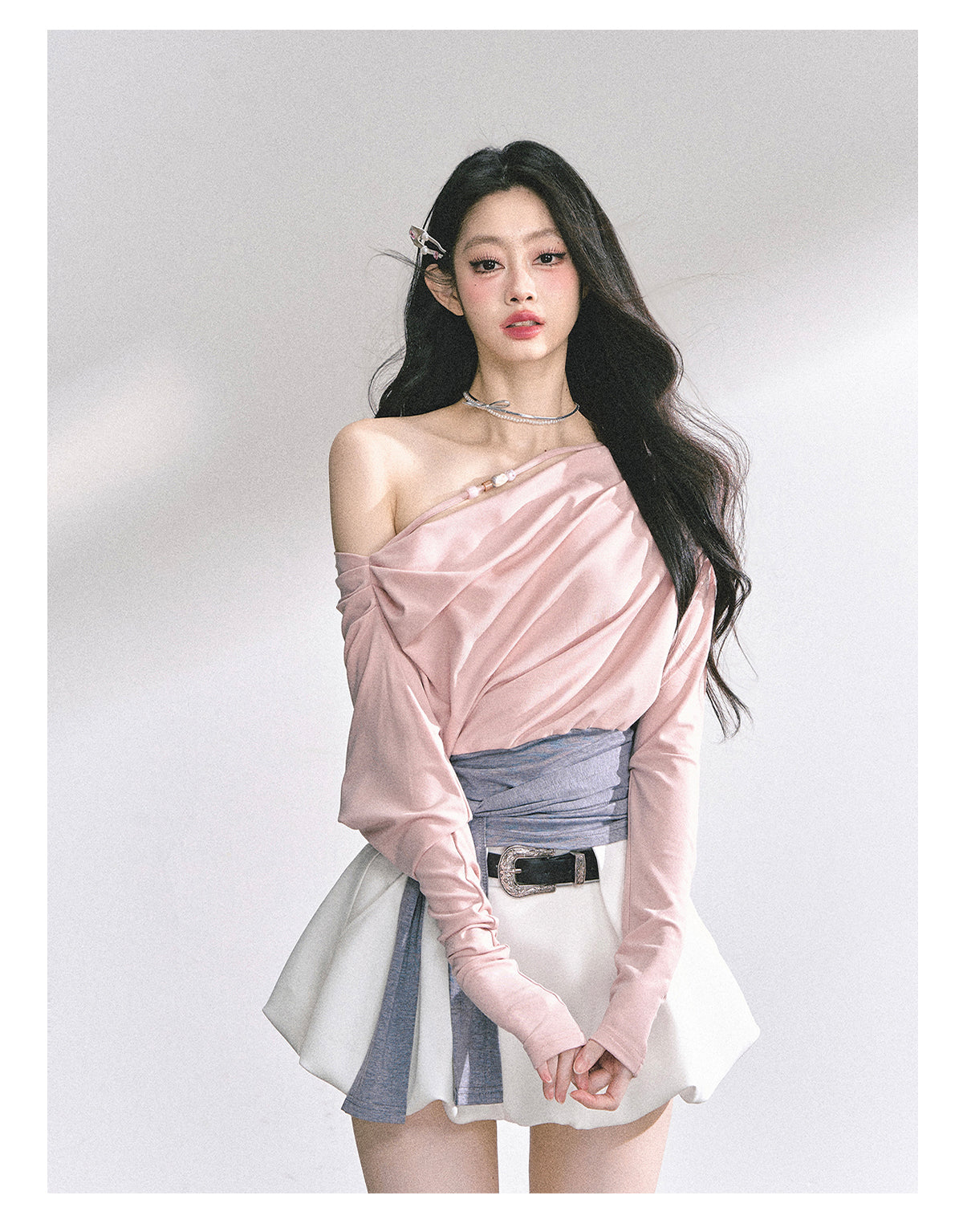 少也眼 "Soft & Sweet" Korean Asymmetric Off-Shoulder Cropped Spicy Girl Tee