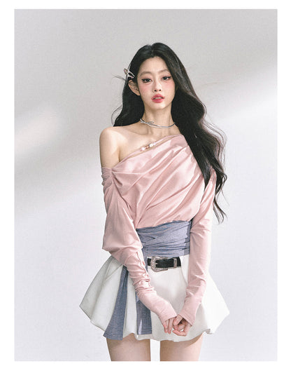少也眼 "Soft & Sweet" Korean Asymmetric Off-Shoulder Cropped Spicy Girl Tee