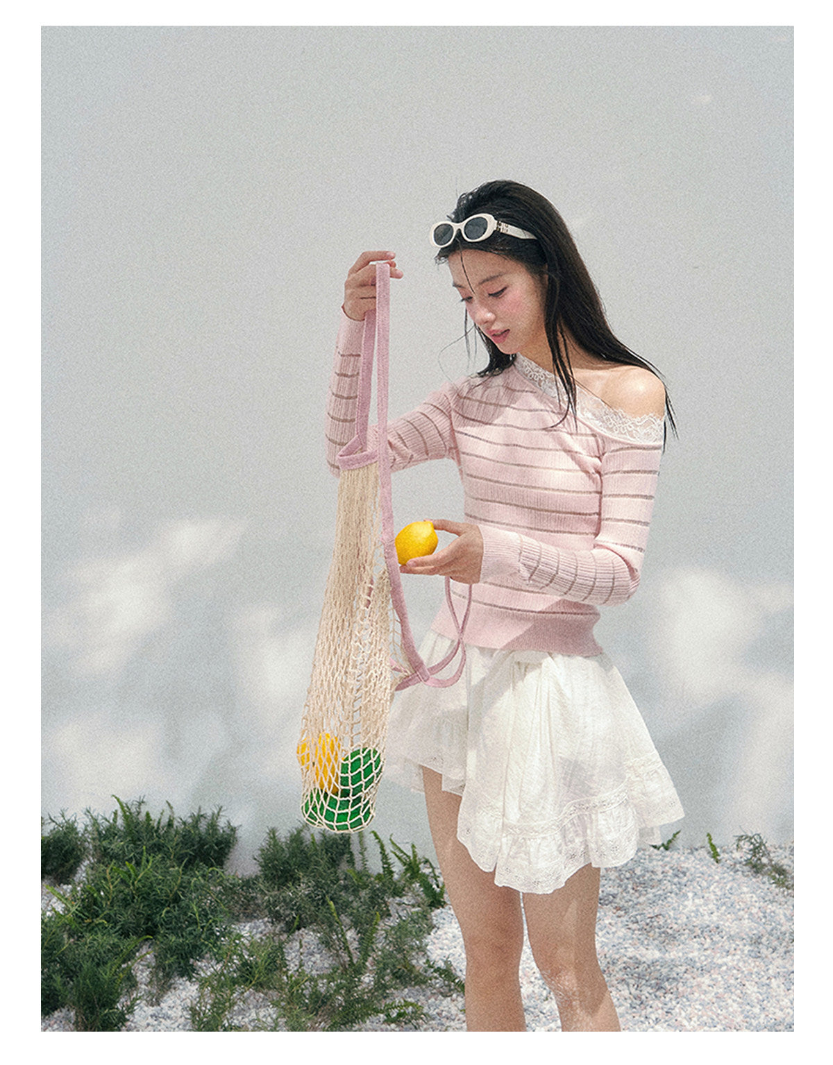 少也眼 “A Gentle Glance” One-Shoulder Lace Knit Long-Sleeve Top - Soft Pink 43552