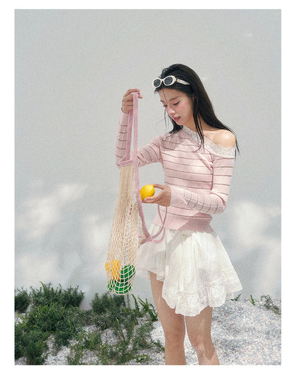 少也眼 “A Gentle Glance” One-Shoulder Lace Knit Long-Sleeve Top - Soft Pink 43552
