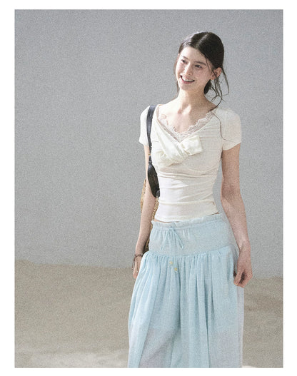 "White Tea Under the Moonlight" White Lace V-Neck Top