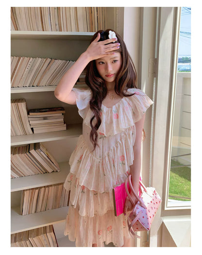 “Cloud Ruffle Reverie” Cream Apricot Floral Ruffle Dress