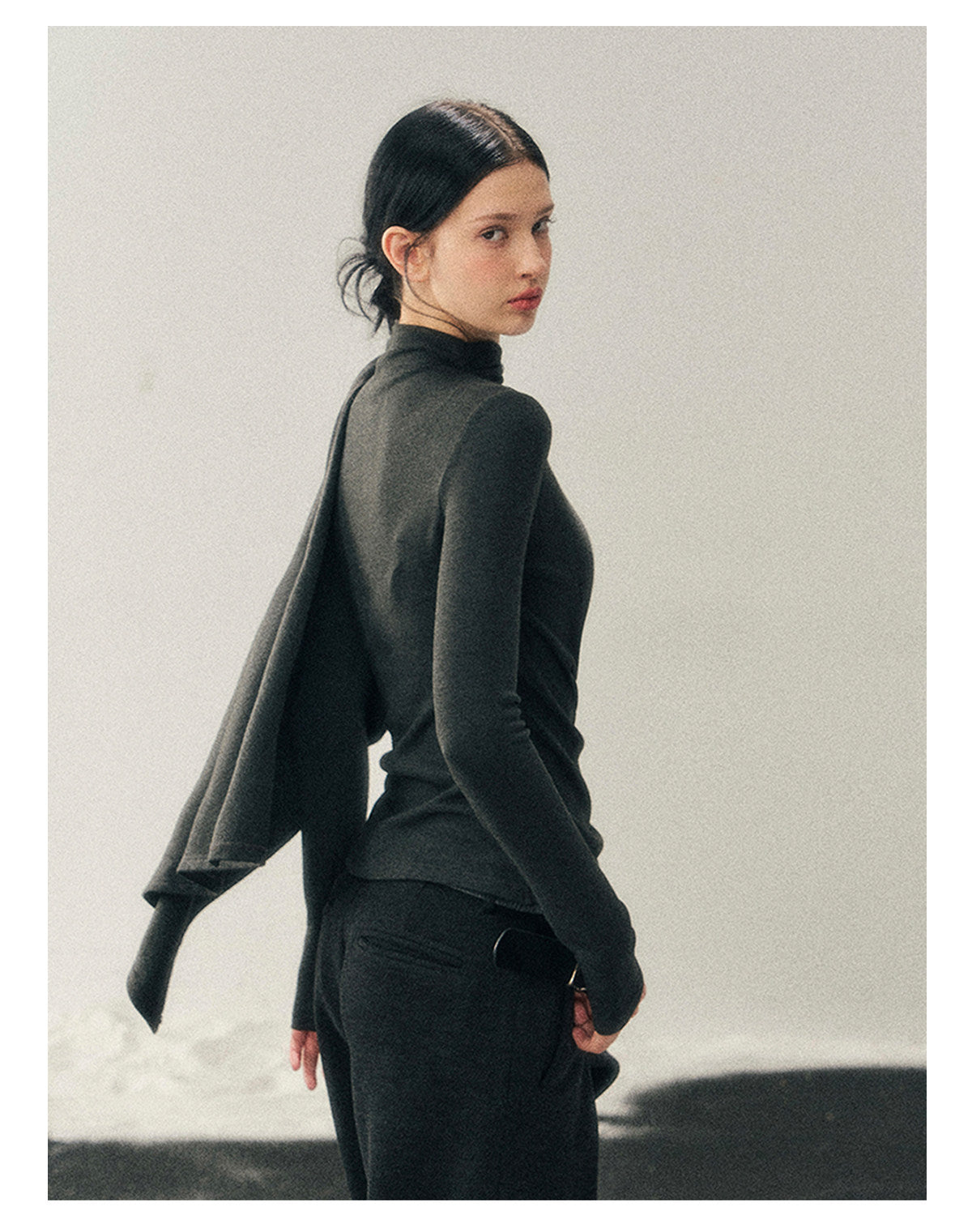 少也眼 "She Outshines the Fireworks" Charcoal Asymmetrical Wrap Top