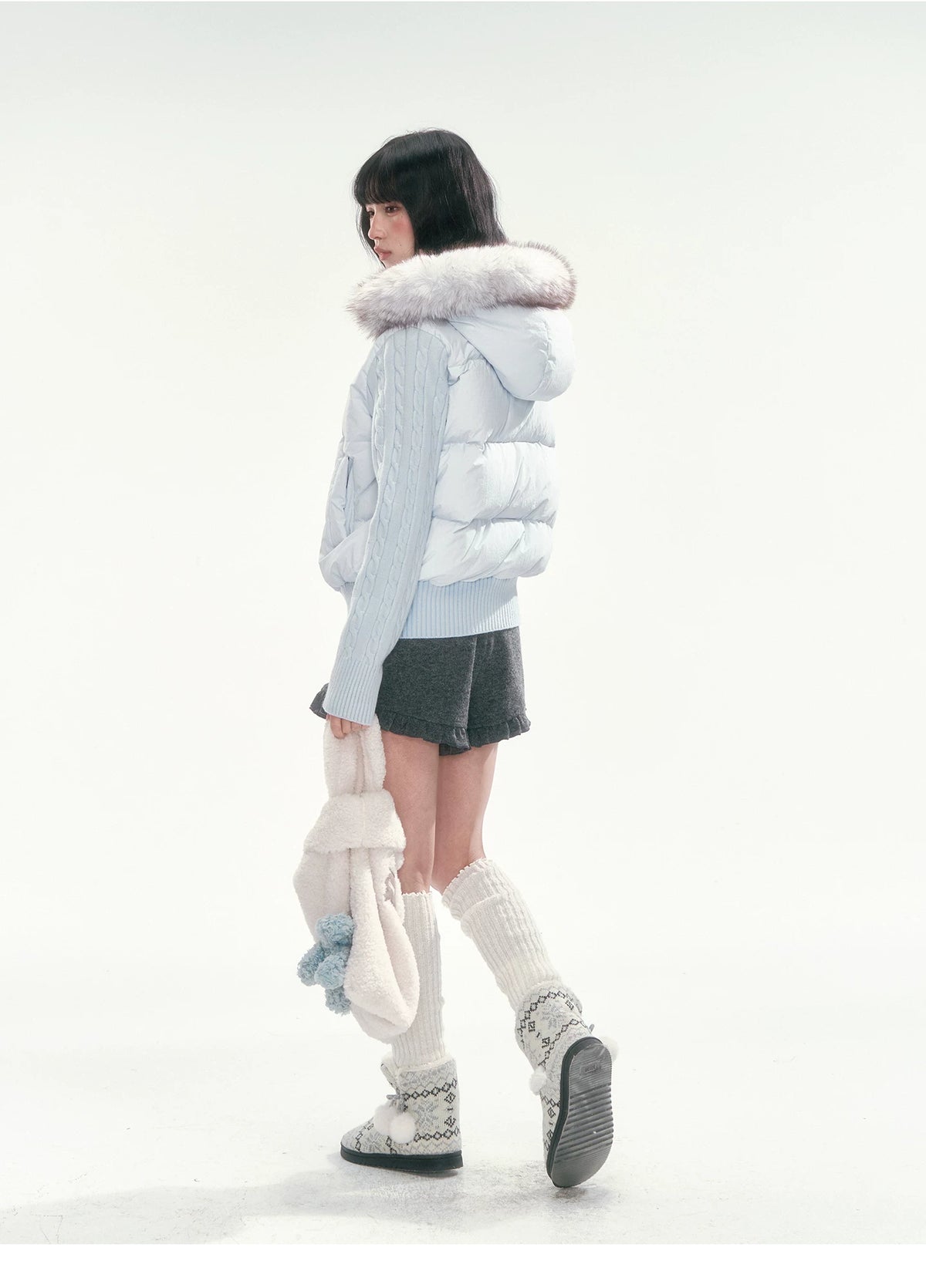CAN - "The Macaron Affair" Cable-Knit Collar Puffer Jacket (Water Blue / Light Pink)