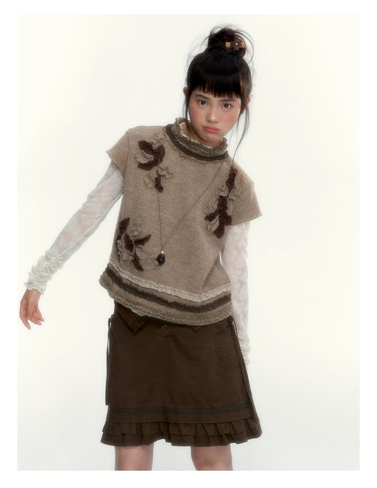 “Wild Caramel” Brown Washed Layered Ruffle Bow Pocket A-Line Skirt