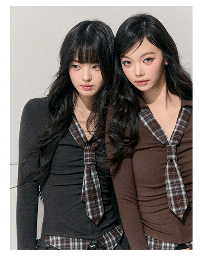 少也眼 “Faded Moss Traces” Vintage Plaid Layered-Effect Knit Top 5435435