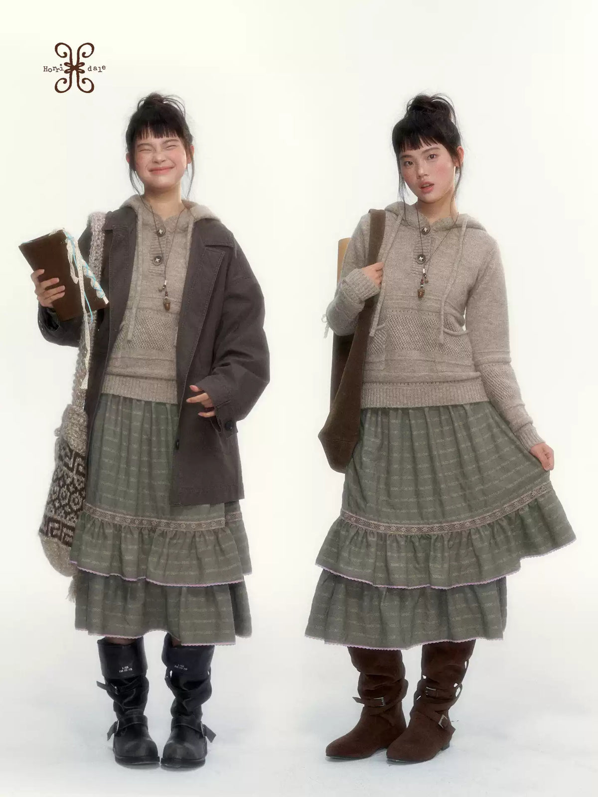 Dried Grass Green Vintage Lace Tiered A-Line Skirt
