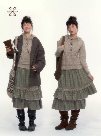 Dried Grass Green Vintage Lace Tiered A-Line Skirt