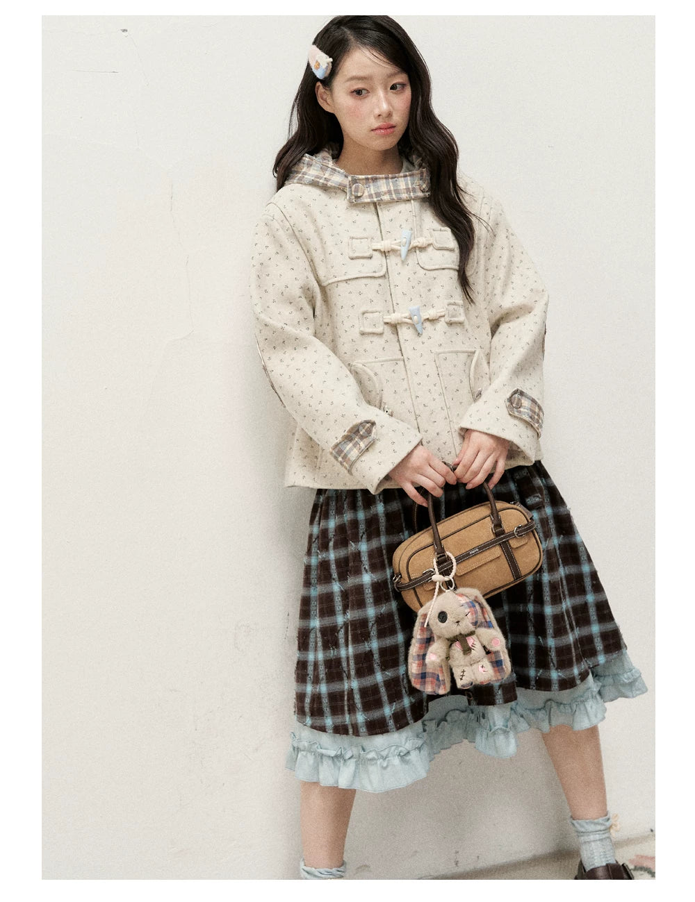 [RF] Floral Heather Beige Apricot Plaid-Trim Hooded Duffle Coat