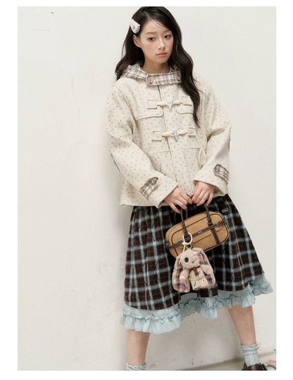 [RF] Floral Heather Beige Apricot Plaid-Trim Hooded Duffle Coat
