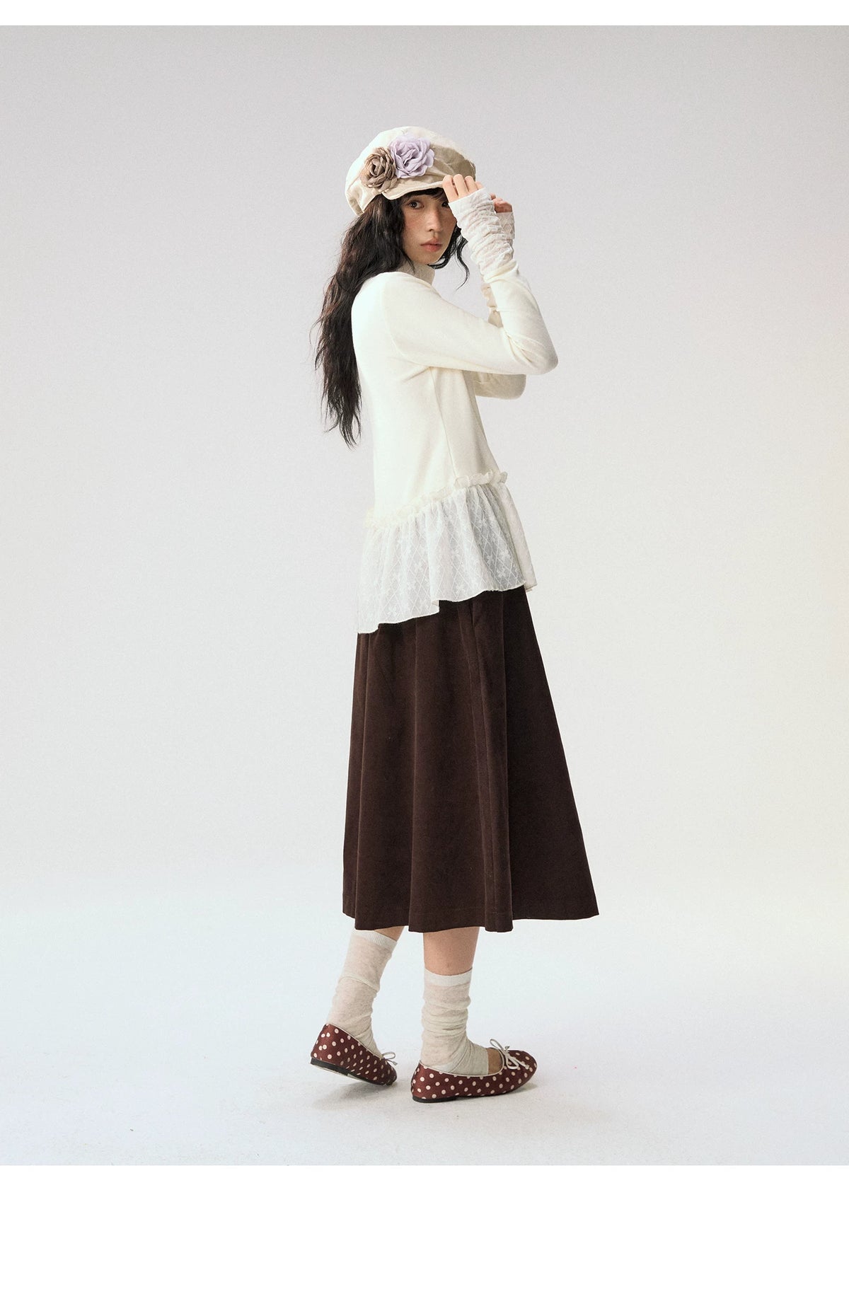 [CAN] “Cream Cloud” Ivory Lace Ruffle High-Neck Top
