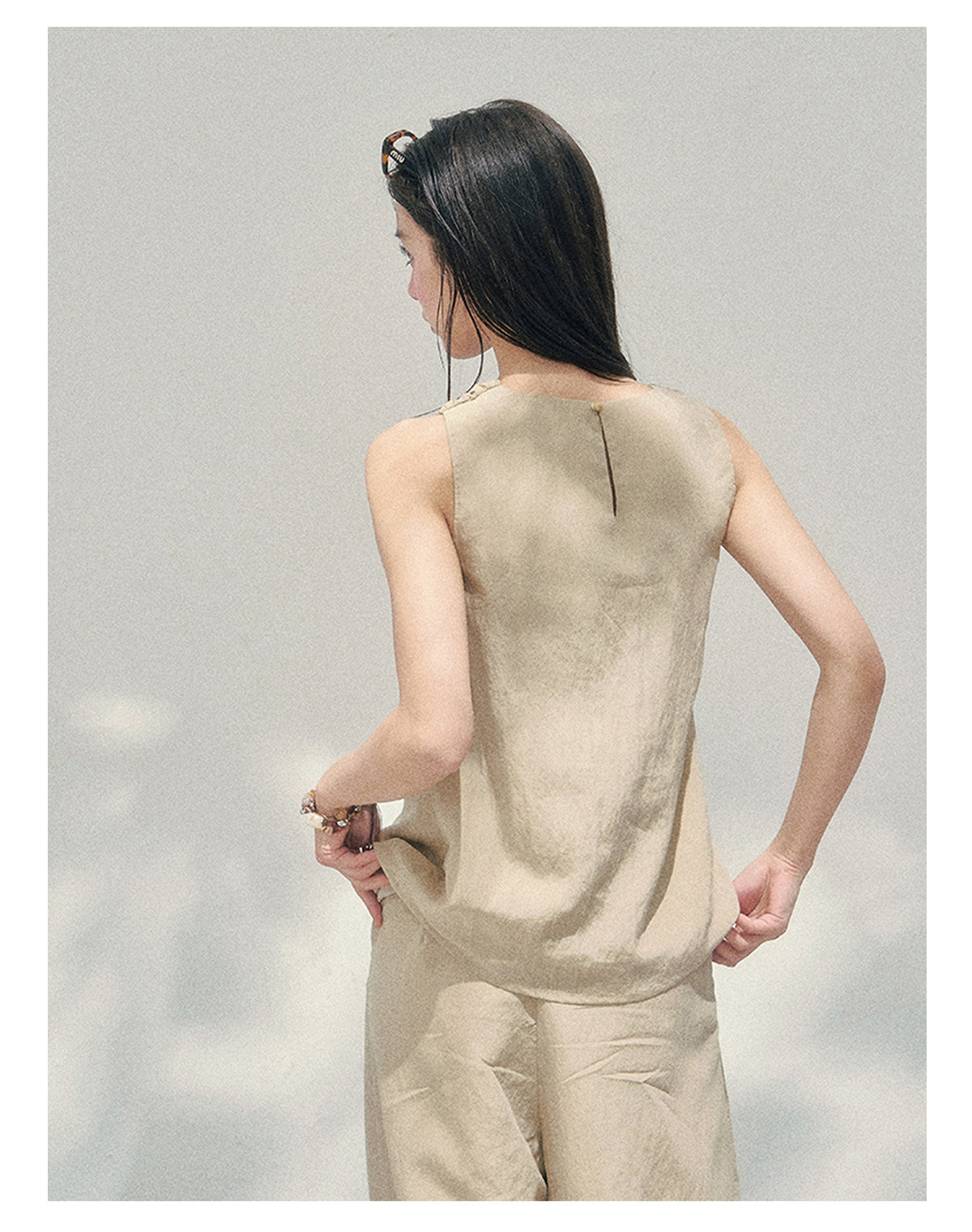 “Soft Khaki Whisper” Milk Tea Halter Twist Top & Wide-Leg Trousers