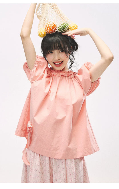"Pink Grapefruit Bloom" Grapefruit Red Rose Puff Sleeve Blouse