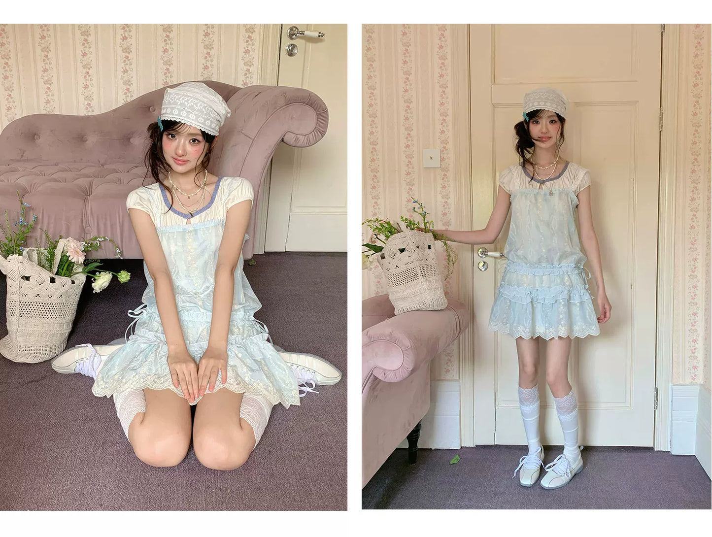 “Summer Dreamloom” Blue Lace Tiered Dress Set (Inner Top + Slip Dress)