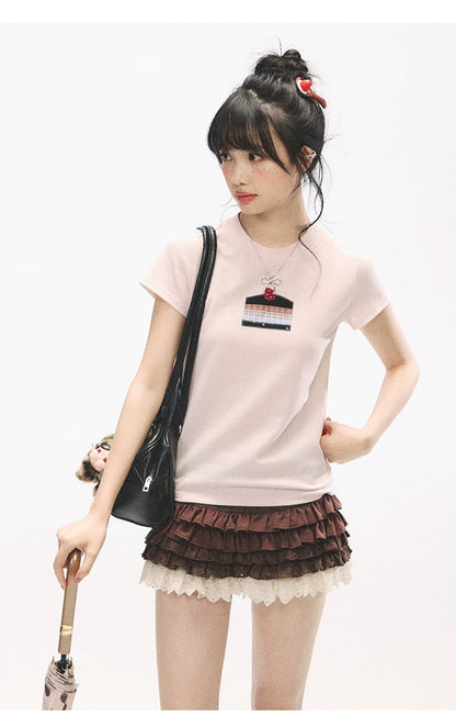 "Strawberry Shortcake Mood" Peach Pink Patchwork Cake Graphic Cotton Tee