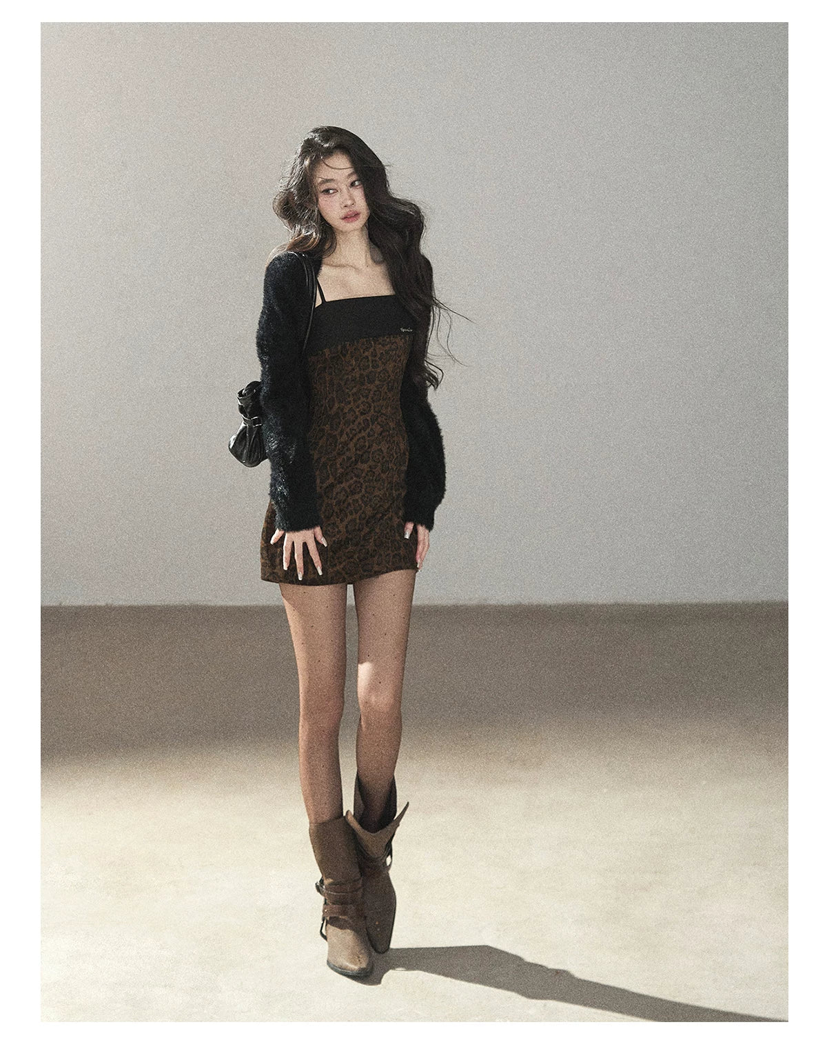 AOMALM - "Wildland Reverie" Slate Brown Leopard Print Fitted Cami Dress & Obsidian Black Shawl