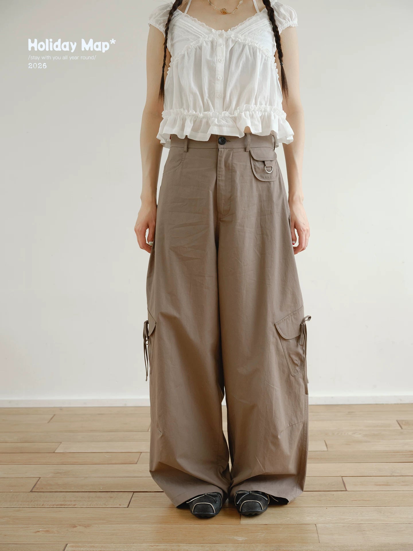 "Street Stroll Girl" Sage Gray Cotton Wide-Leg Cargo Pants