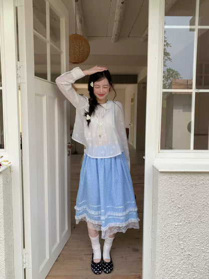 [RF] “Pure Lace” White Floral Jacquard Peter Pan Collar Puff-Sleeve Blouse