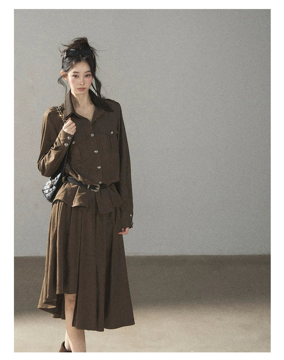 AOMALM - Terracotta Brown Shirt & Pleated Mini Skirt Set (With Belt)