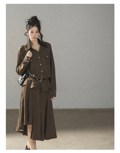AOMALM - Terracotta Brown Shirt & Pleated Mini Skirt Set (With Belt)