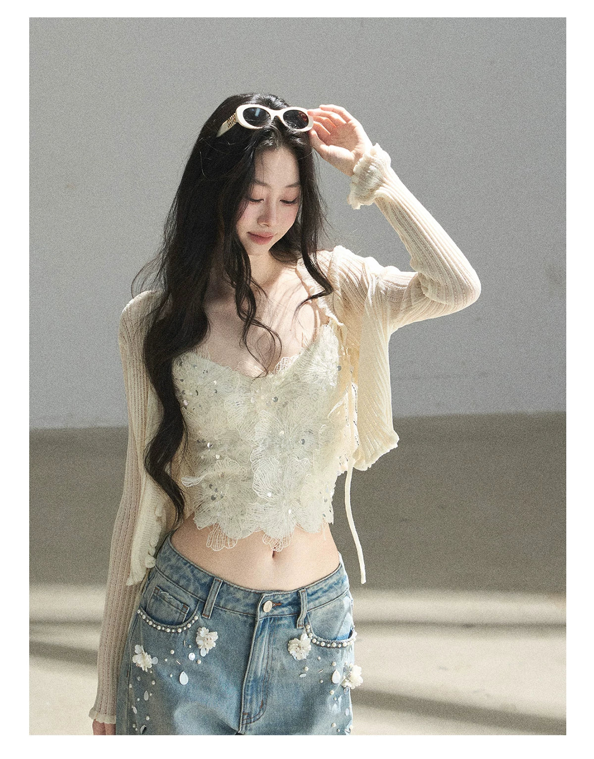 "Waiting for the Breeze" Apricot Lace Knit Cardigan & Cami Set