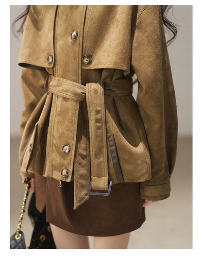 AOMALM - Chestnut Brown Faux-Suede Cropped Utility Coat with Belt