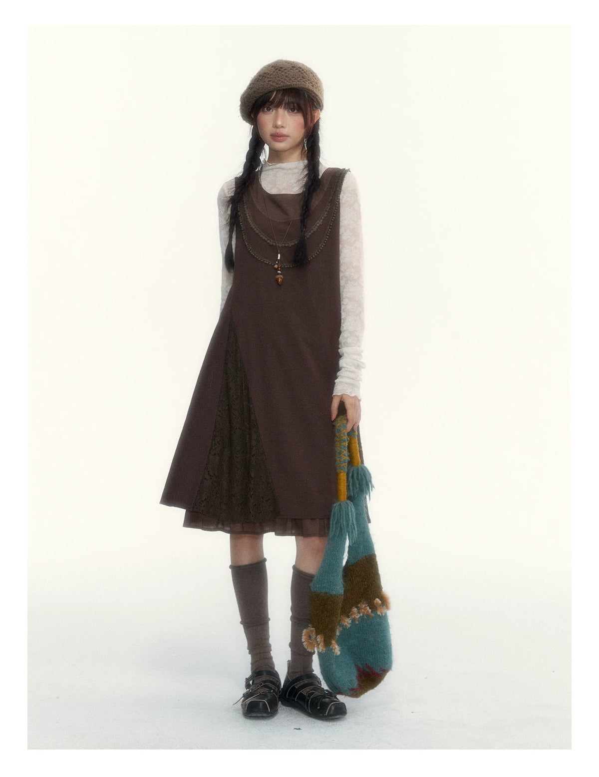"Caramel Afterglow" Cocoa Brown Lace-Trim A-Line Dress Set with Purple Plaid Layering Top