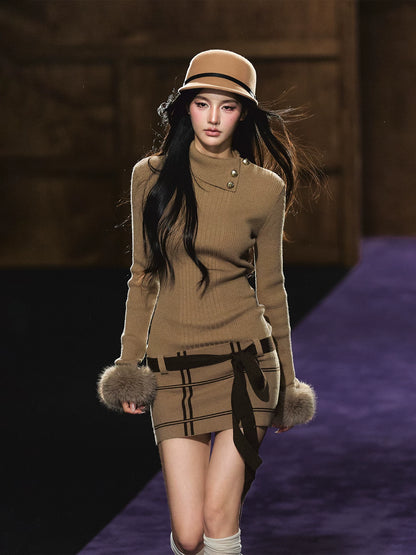 "Winter Whisper" Light Khaki Mock Neck Knit Mini Dress