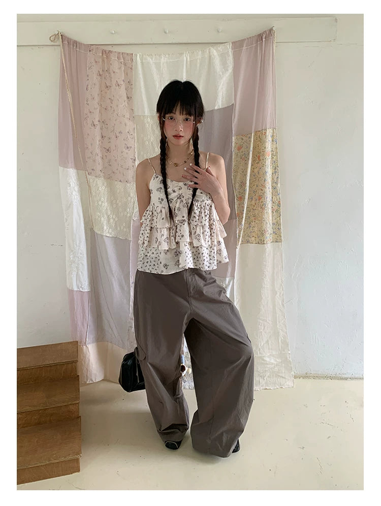 "Among the Blossoms" Soft Gray Floral Cotton Ruffle Cami Top