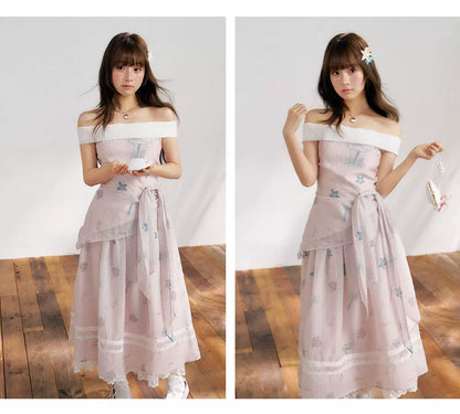 “Pink Mist Island” Dusty Rose Off-Shoulder Skirt Set
