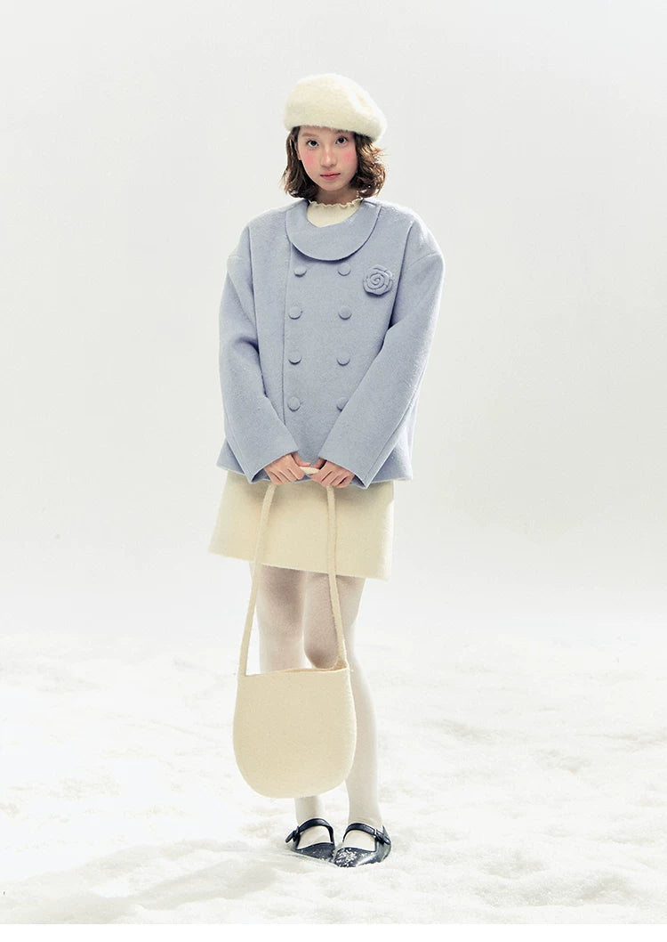 "Rose Manifesto" Frosted Blue Double-Breasted Quilted Wool-Blend Peacoat