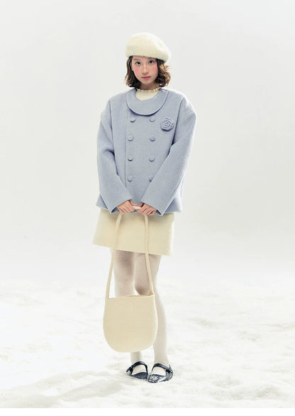 "Rose Manifesto" Frosted Blue Double-Breasted Quilted Wool-Blend Peacoat