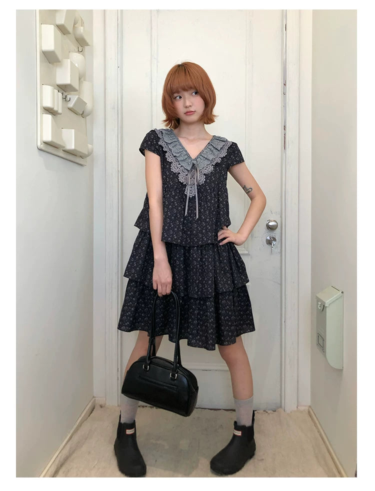 “Midnight Petal” Gray-Black Floral Top & Tiered Dress