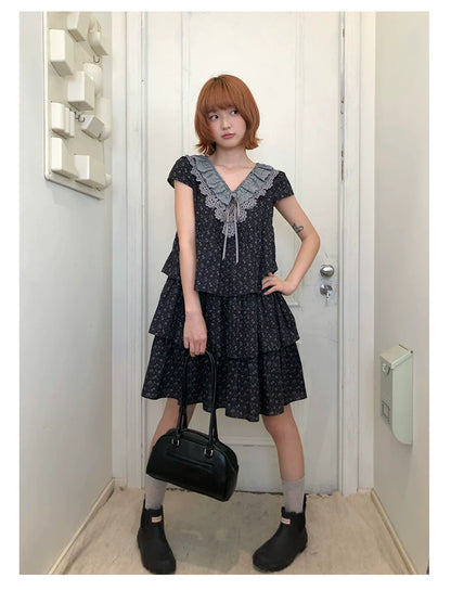 “Midnight Petal” Gray-Black Floral Top & Tiered Dress