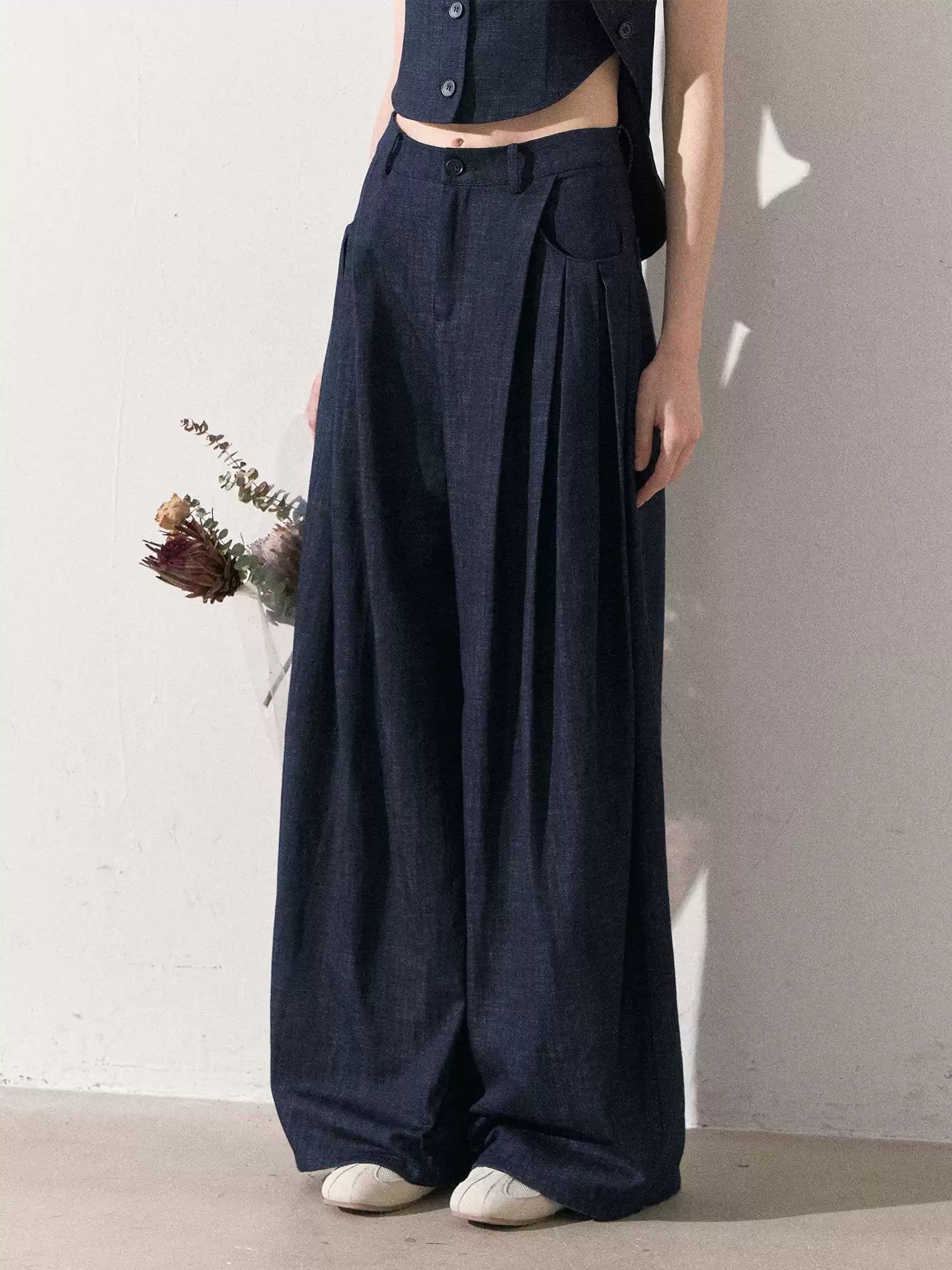 "Season of Ease" Vintage Navy Faux Denim Vest & Wide-Leg Pants Set