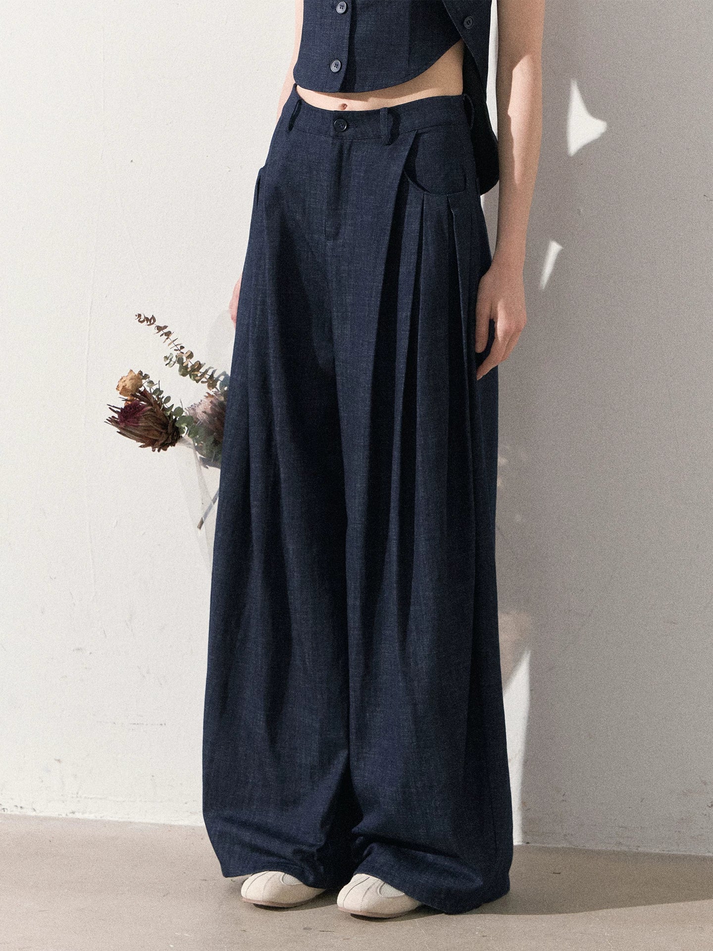 "Season of Ease" Vintage Navy Faux Denim Vest & Wide-Leg Pants Set