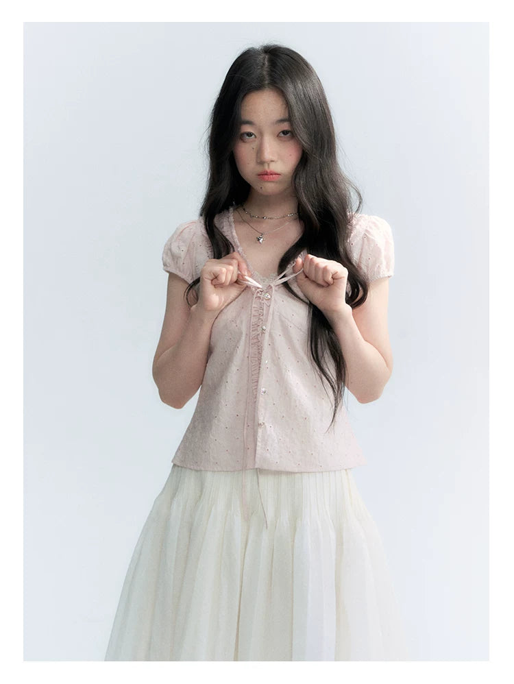 "Blush Sweetheart" Embroidered Puff Sleeve Blouse