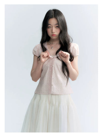 "Blush Sweetheart" Embroidered Puff Sleeve Blouse