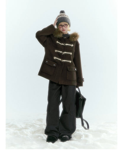 Horridale - Dark Coffee Brown Cropped Hooded Toggle Coat with Detachable Faux Fur Collar