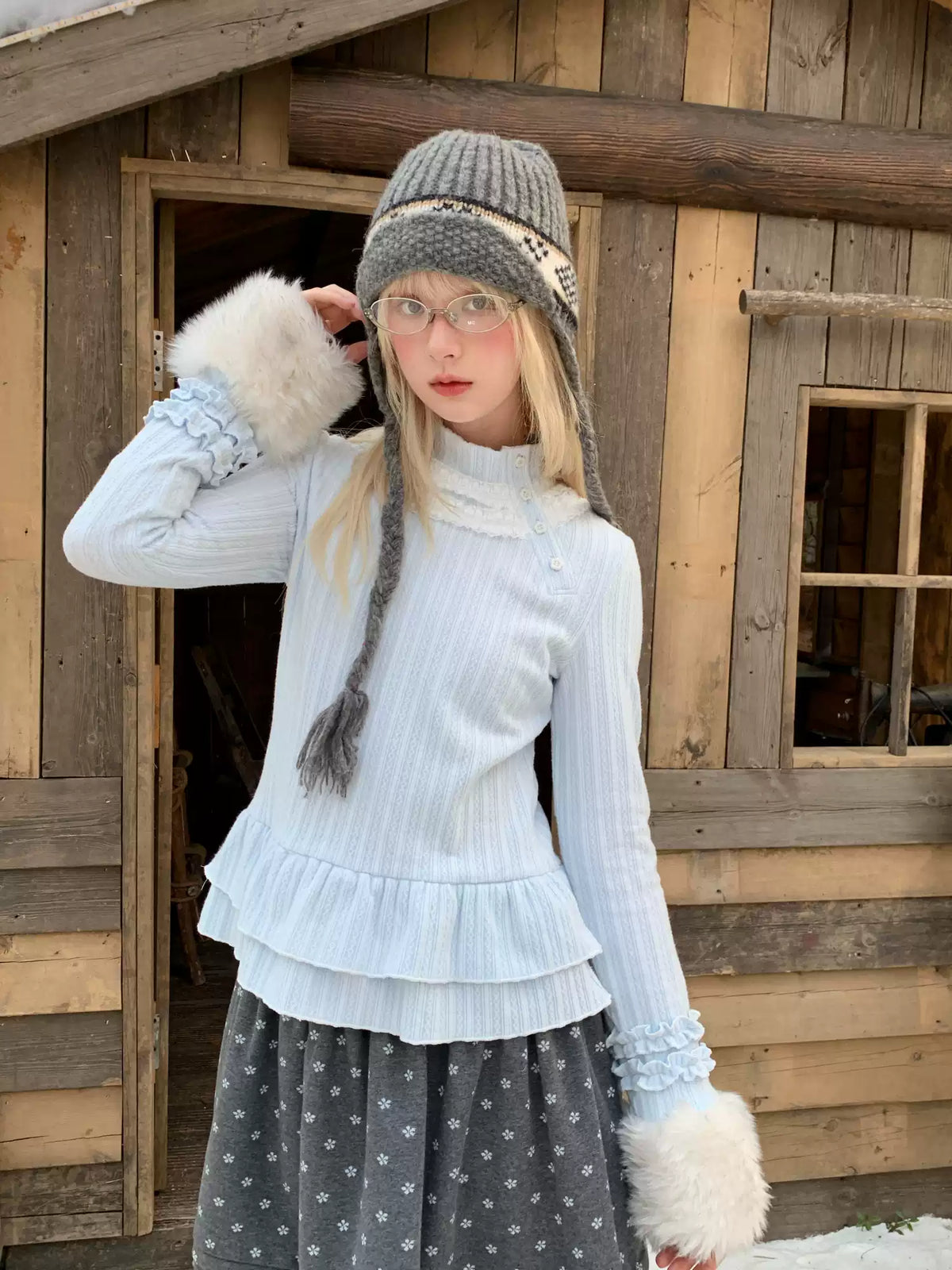 RF - Light Blue Ribbed Knit Top with Lace Collar and Double Ruffle Hem