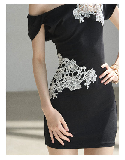 "When the Moon Didn't Arrive" Tranquil Black Lace Embroidered Bodycon Mini Dress