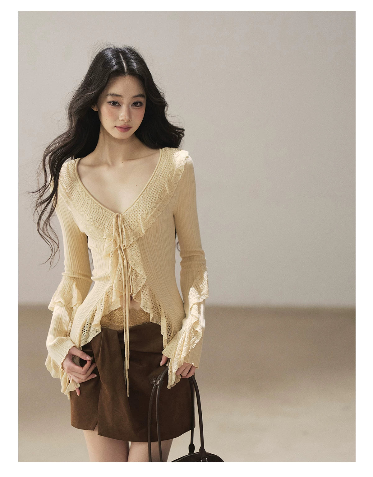 AOMALM - "The Gap of Light" Cheese Yellow Korean Ruffle Lace-Trim Knit Cardigan