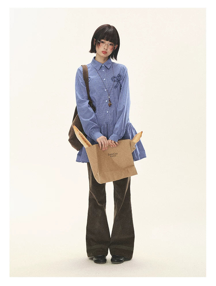"Holiday Blues" Blue Plaid Bow Shirt Mini Dress